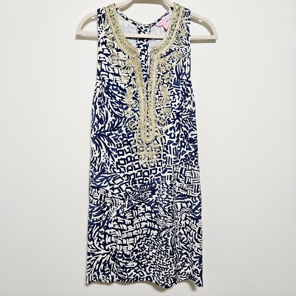Lilly Pulitzer Carlotta Midi Shift Dress Rayon Stretch Boho Cottagecore Blue M - Picture 4 of 16